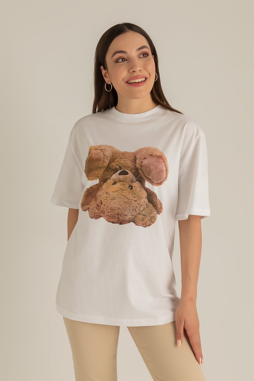 Deniz Butik Ayıcık Baskılı T-Shirt - BEYAZ. 1