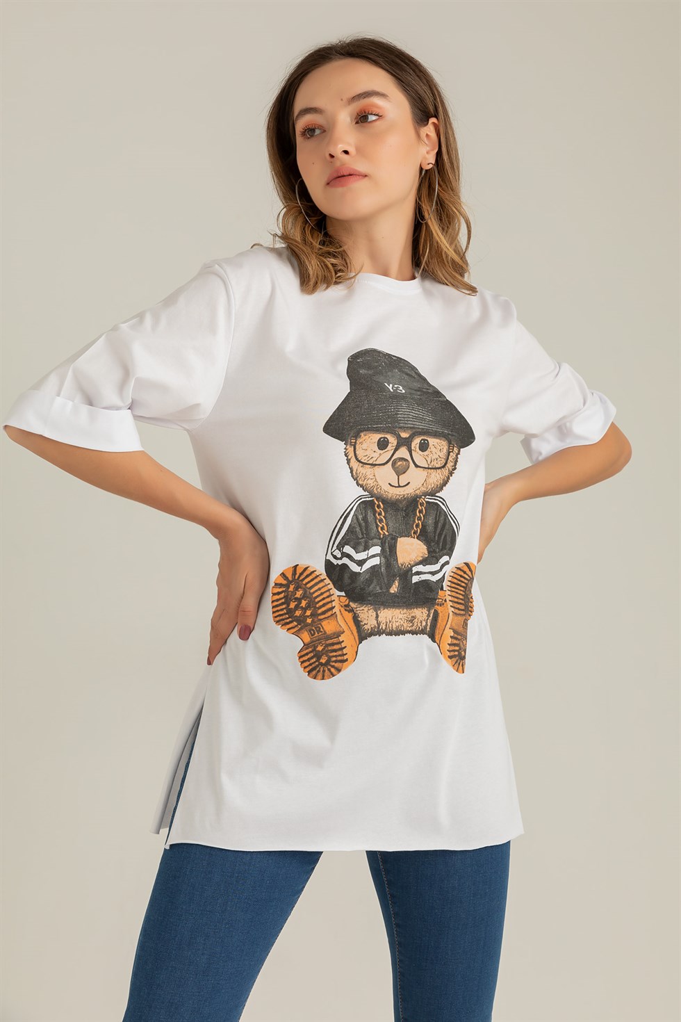 Deniz Butik Baskılı Yan Kesik T-Shirt - BEYAZ. 3