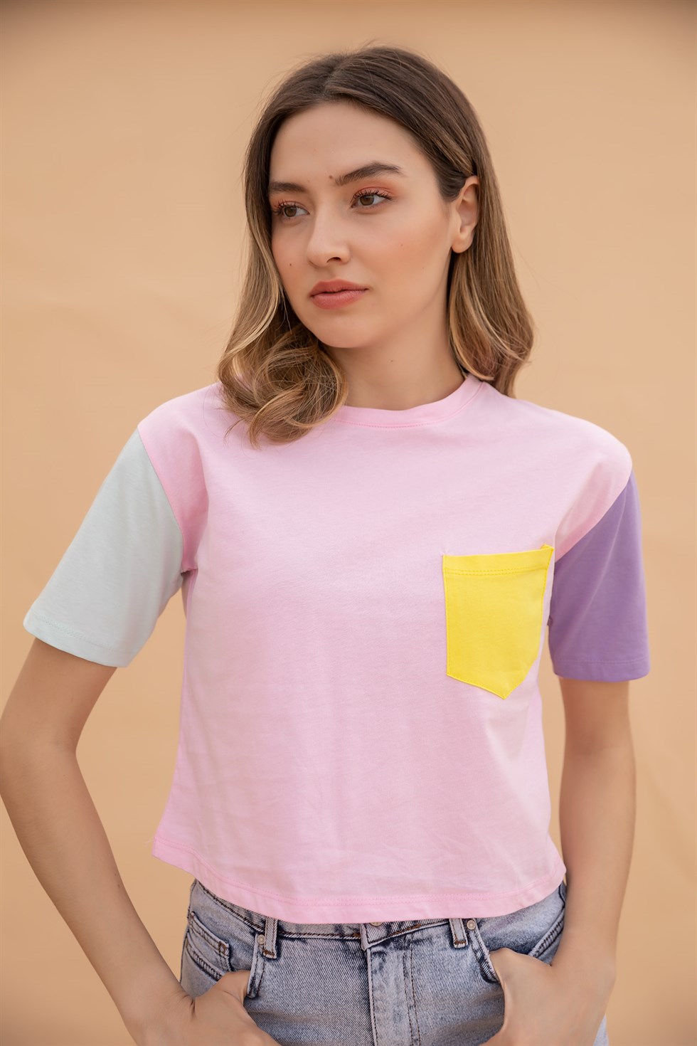 Deniz Butik Blok Renkli T-Shirt - PEMBE. 1