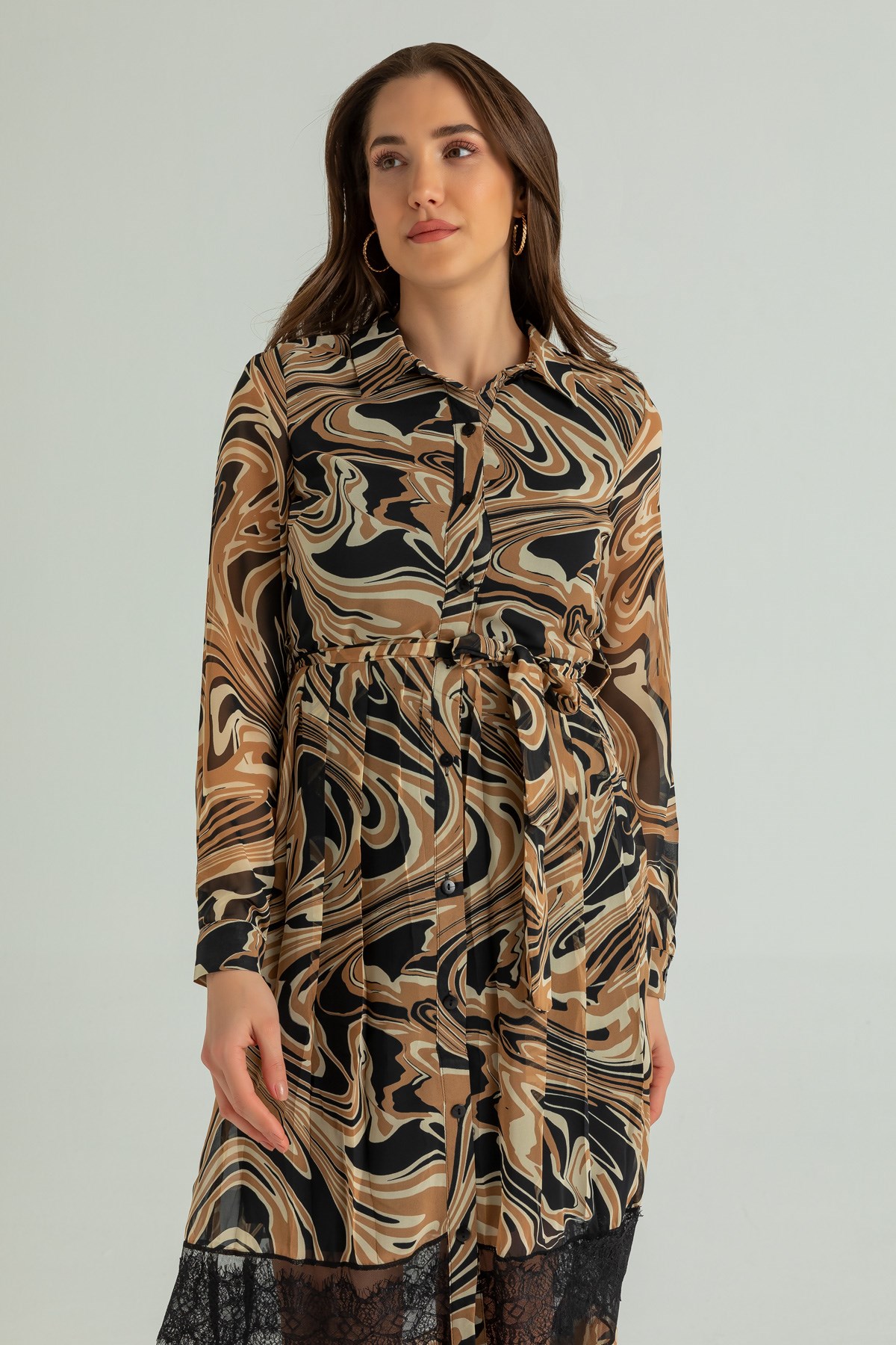 Deniz Butik Desenli Dantel Detay Elbise - CAMEL. 2