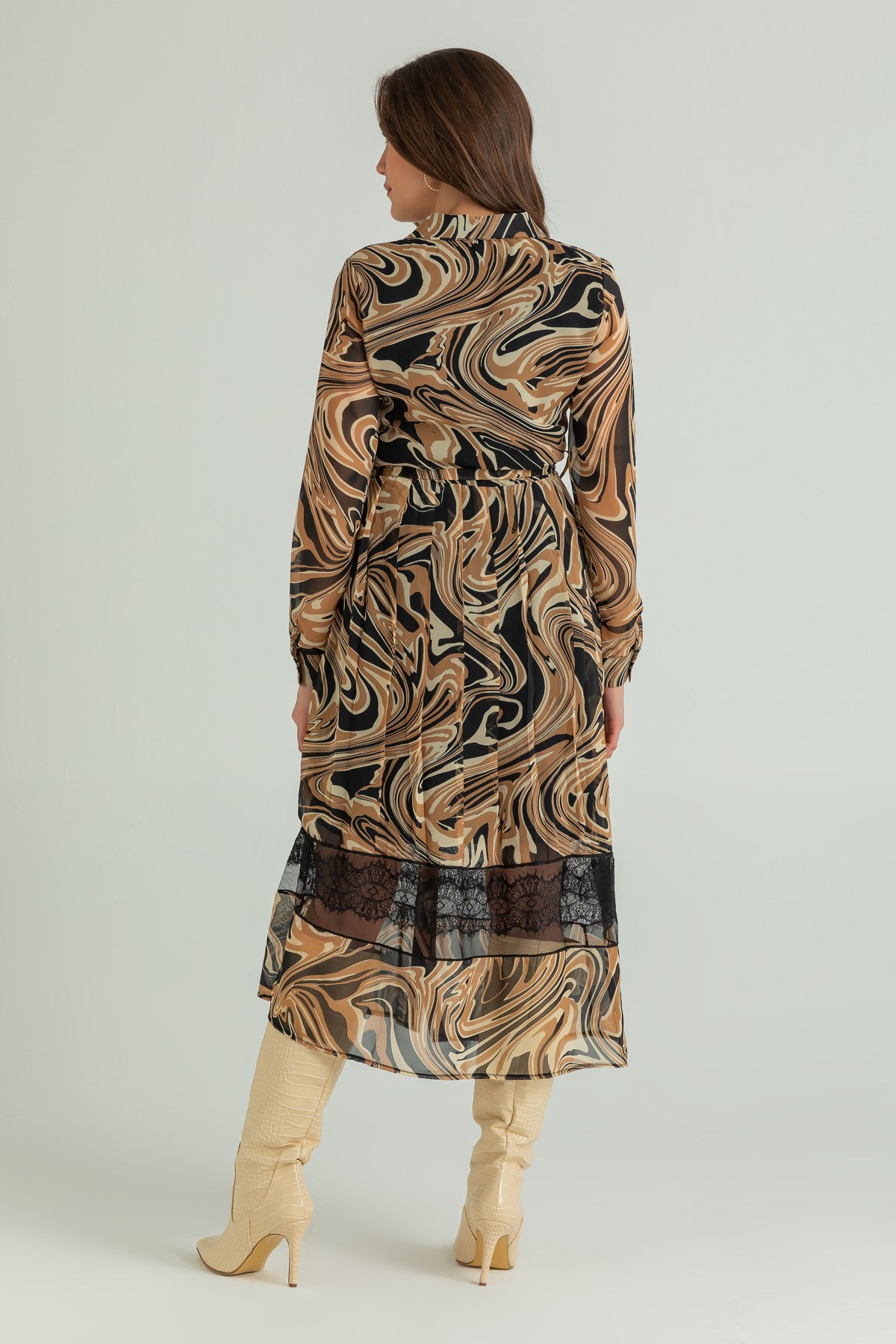 Deniz Butik Desenli Dantel Detay Elbise - CAMEL. 3