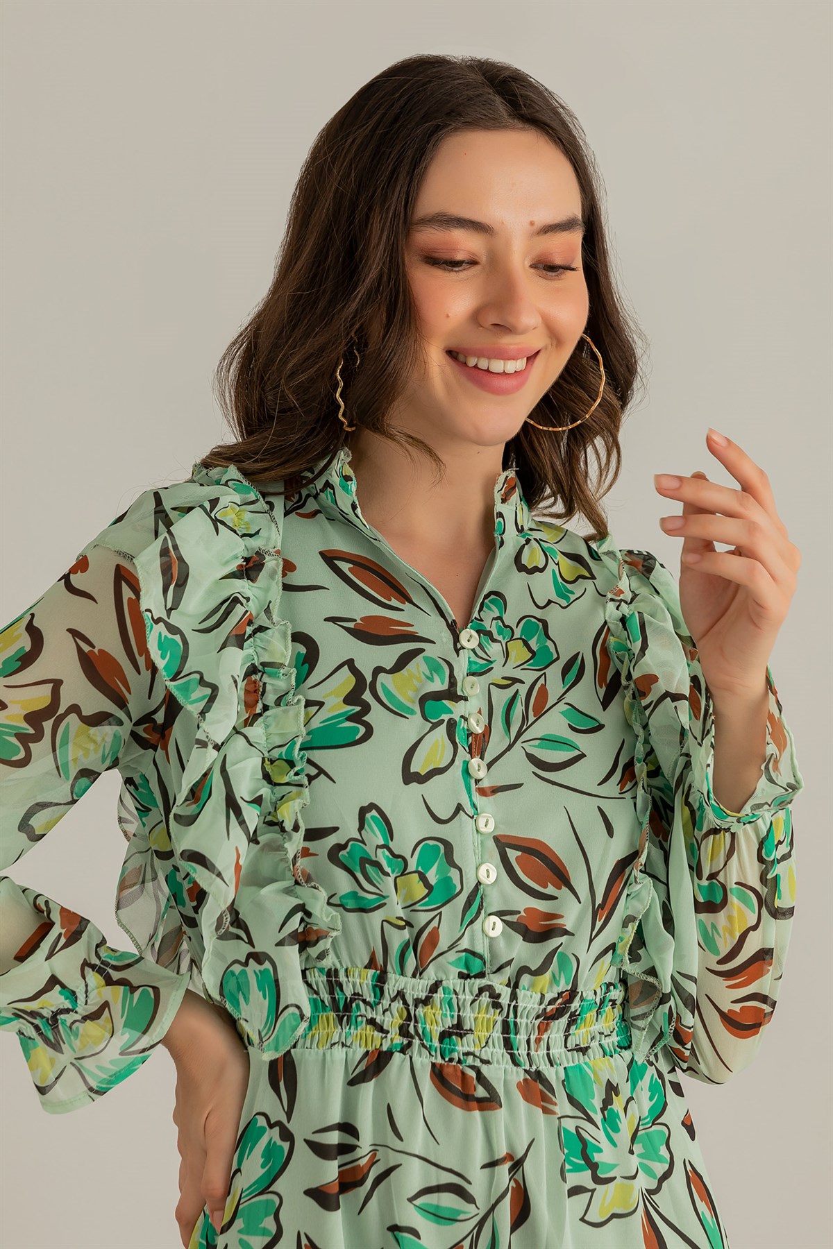 Deniz Butik Floral Desen Şifon Elbise - Açık Yeşil. 1