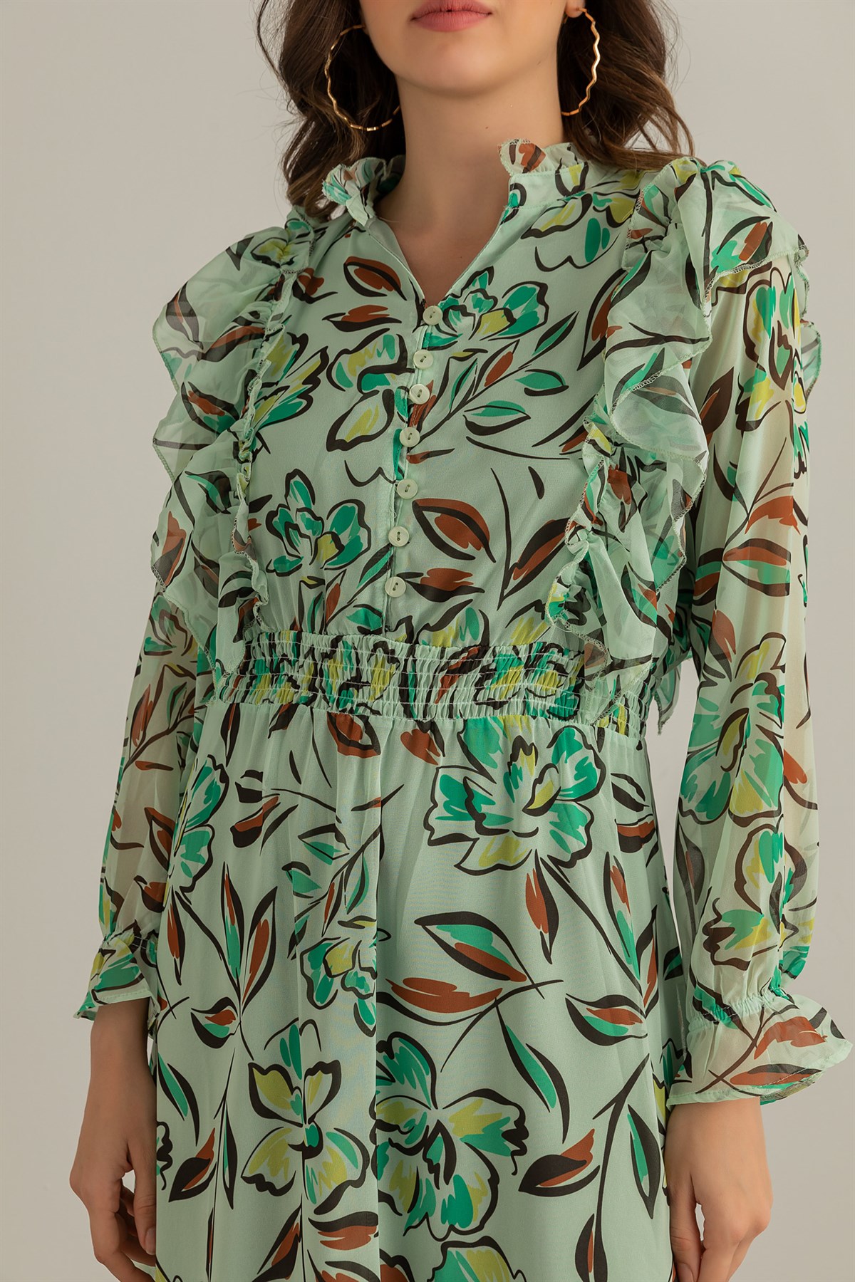 Deniz Butik Floral Desen Şifon Elbise - Açık Yeşil. 4