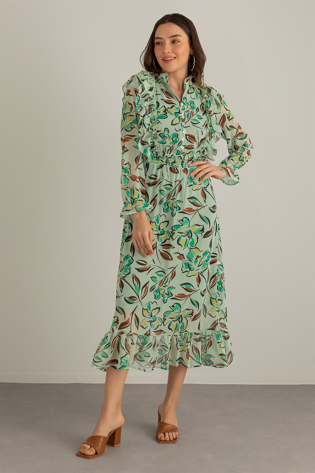 Deniz Butik Floral Desen Şifon Elbise - Açık Yeşil. 2