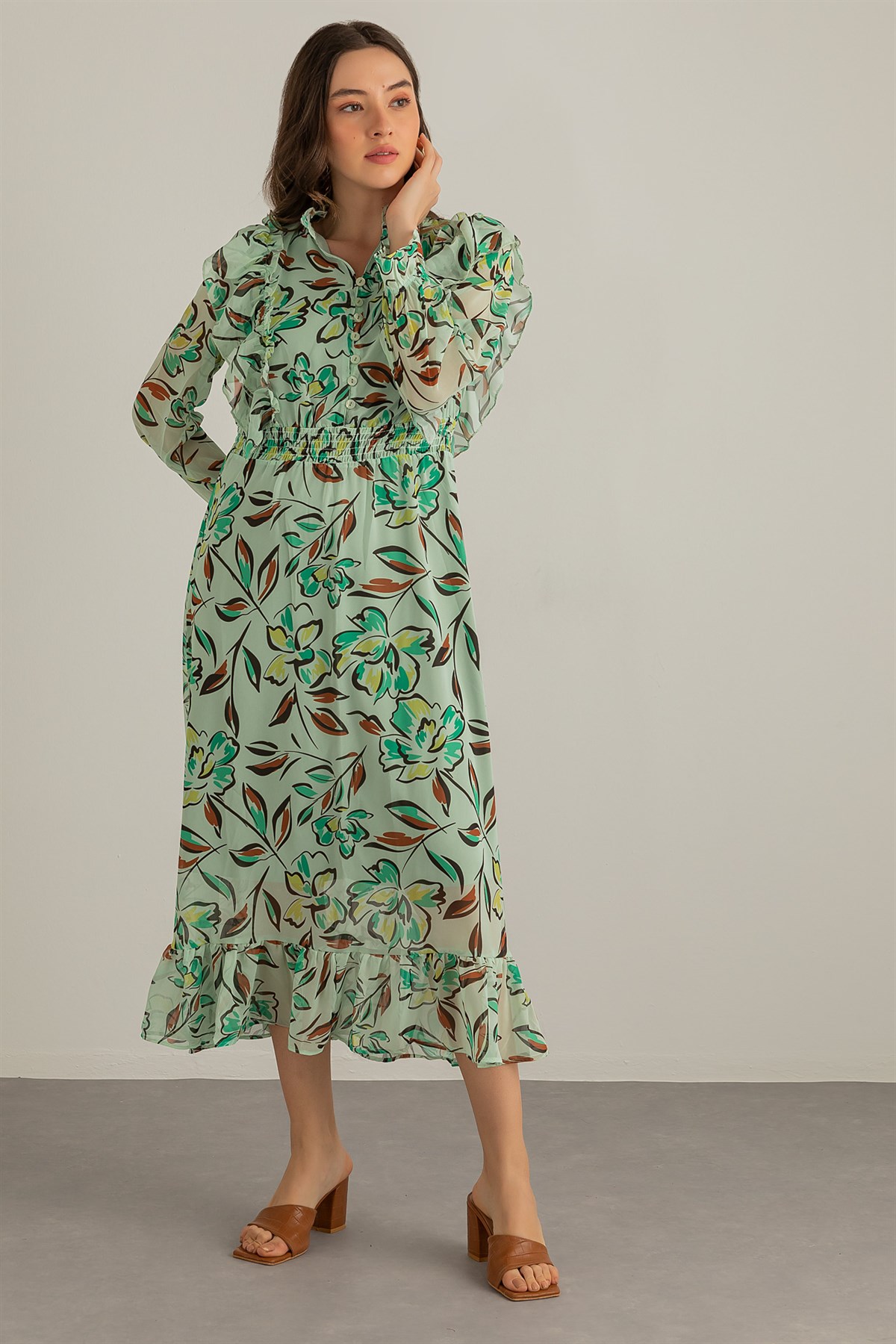 Deniz Butik Floral Desen Şifon Elbise - Açık Yeşil. 3