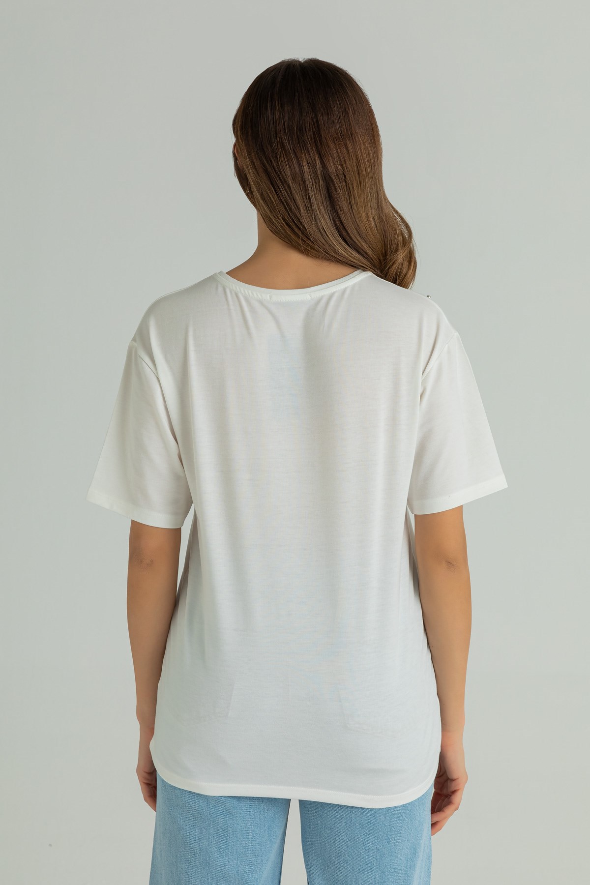 Deniz Butik İnci Taş İşlemeli T-Shirt - BEYAZ. 3