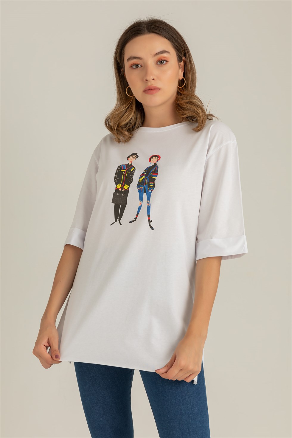 Deniz Butik Kadın Baskılı Salaş T-Shirt - BEYAZ. 3