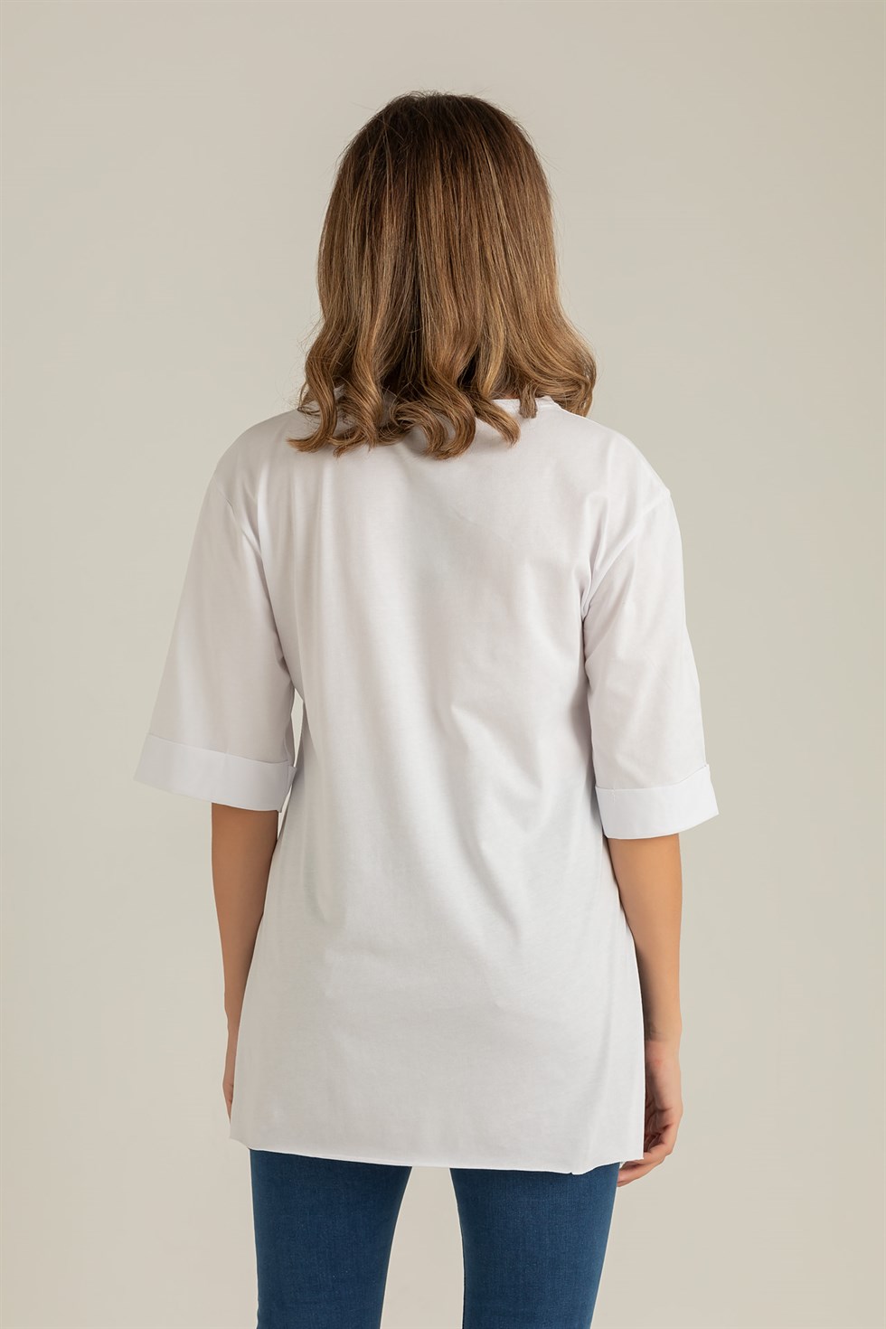 Deniz Butik Kadın Baskılı Salaş T-Shirt - BEYAZ. 4