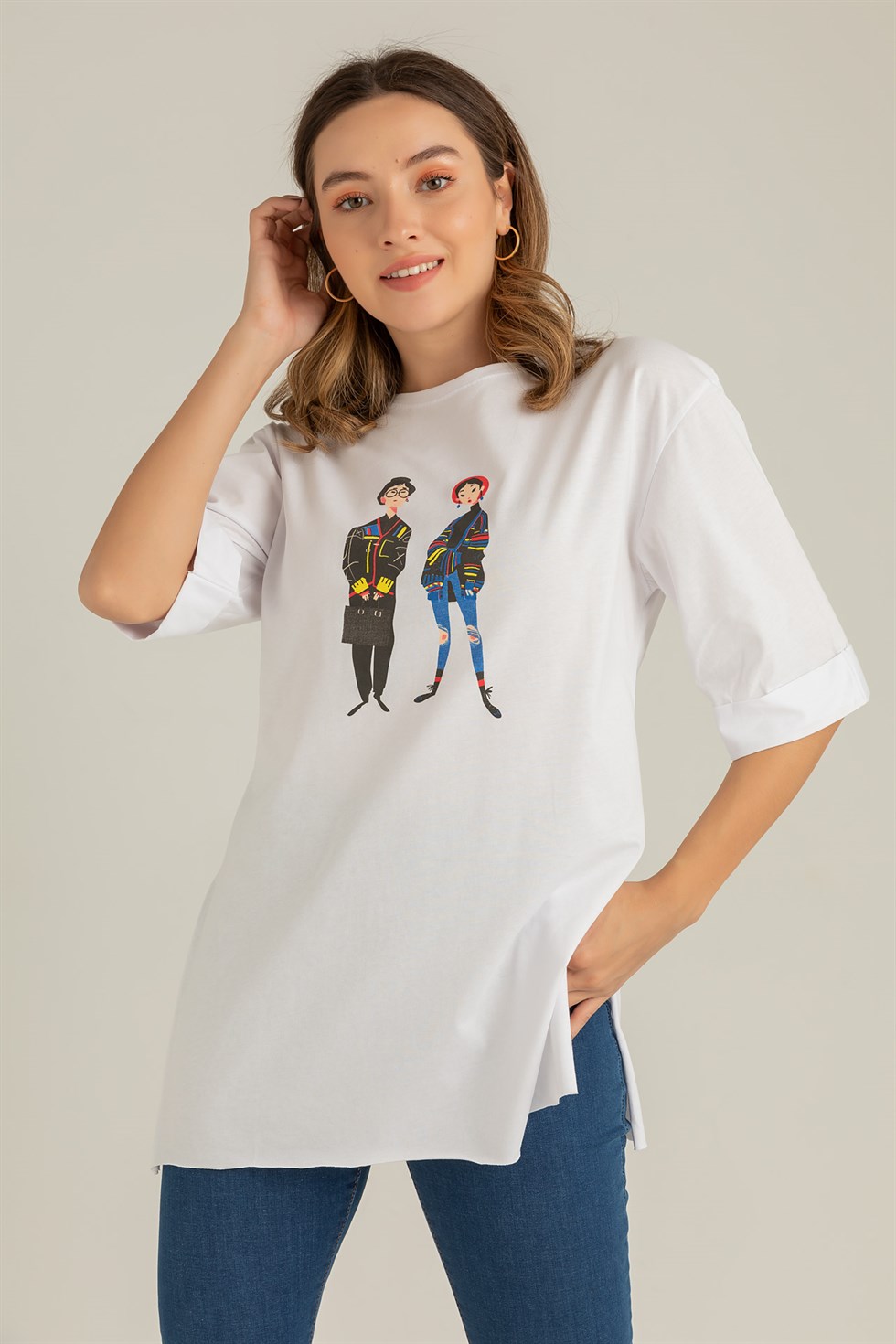 Deniz Butik Kadın Baskılı Salaş T-Shirt - BEYAZ. 2