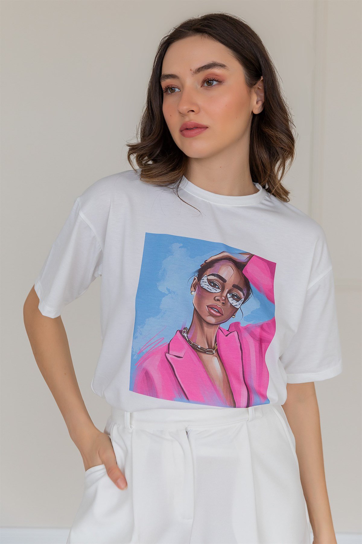 Deniz Butik Kadın Baskılı T-shirt - BEYAZ. 1