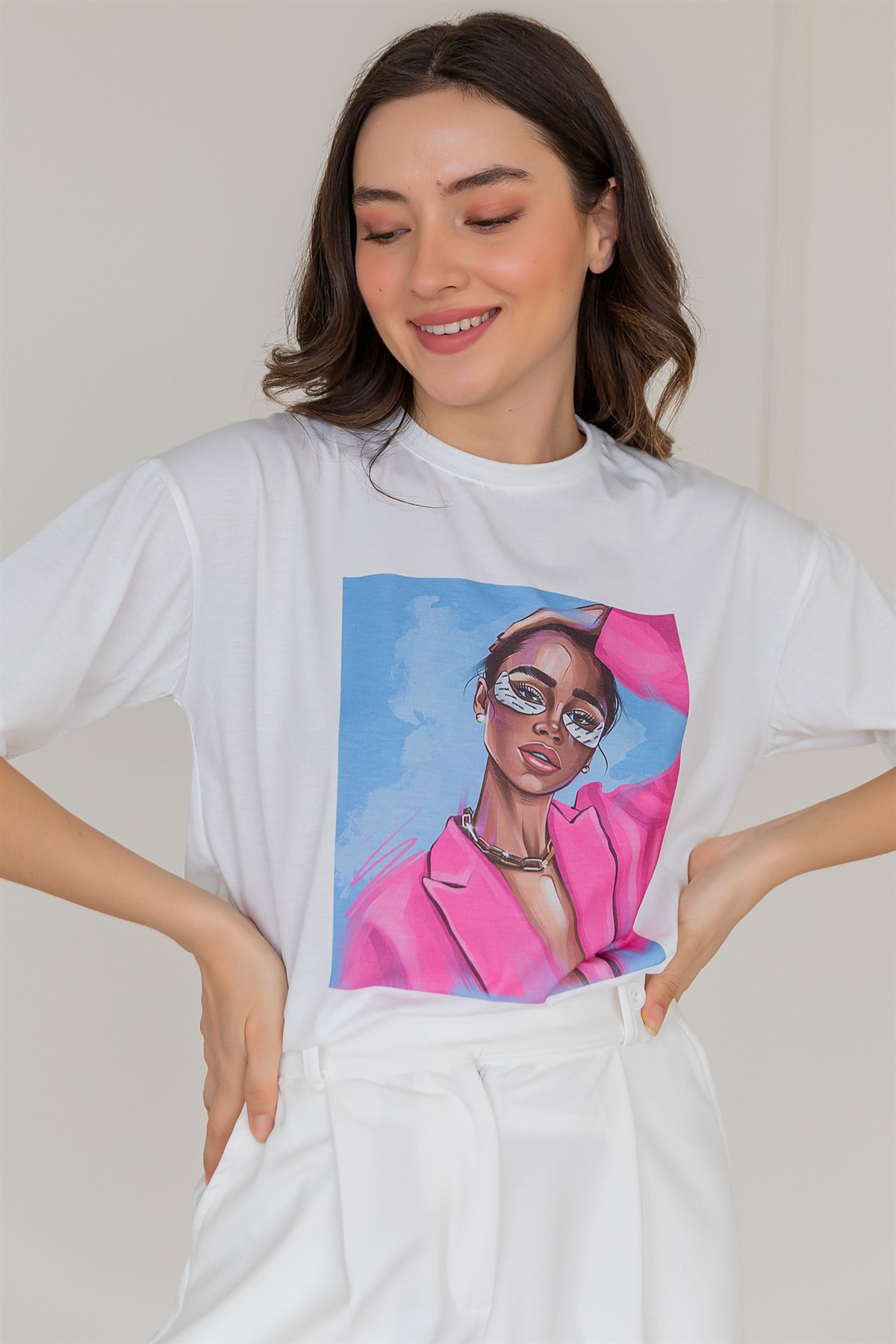 Deniz Butik Kadın Baskılı T-shirt - BEYAZ. 2
