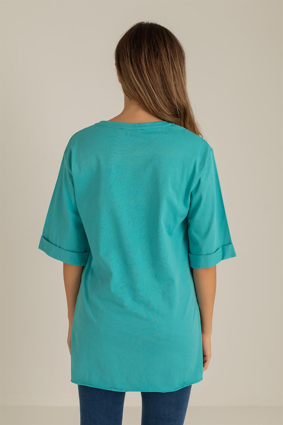 Deniz Butik Kol Kat Yan Yırtmaçlı T-Shirt - TURKUAZ. 1