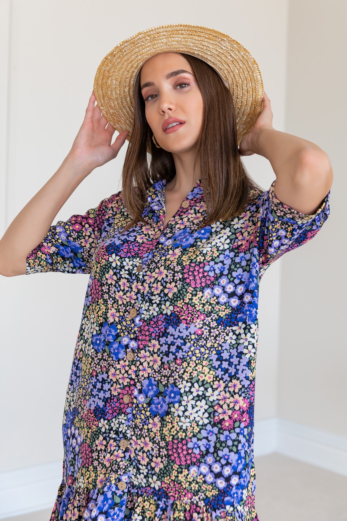Deniz Butik Mini Çiçek Desenli Gömlek Elbise - MOR. 3