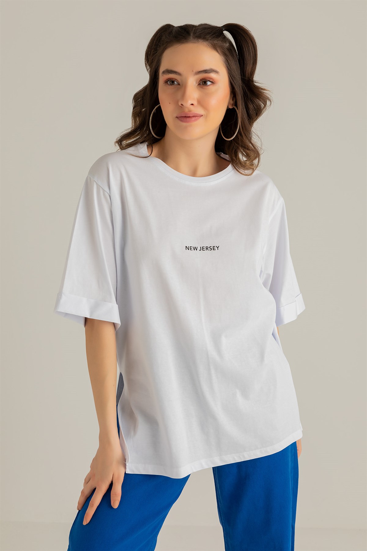 Deniz Butik New Jersey Yazılı T-shirt - BEYAZ. 2