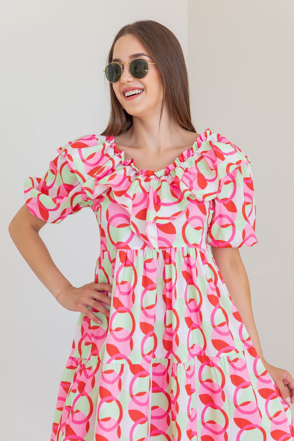 Deniz Butik Renkli Halkalı Poplin Elbise - PEMBE. 2