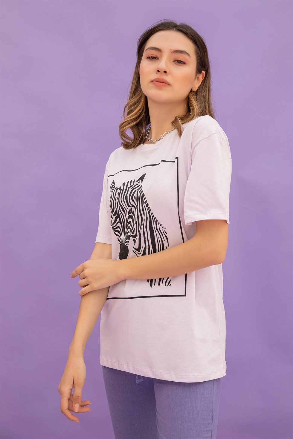 Deniz Butik Zebra Baskılı Tişört - LİLA. 3