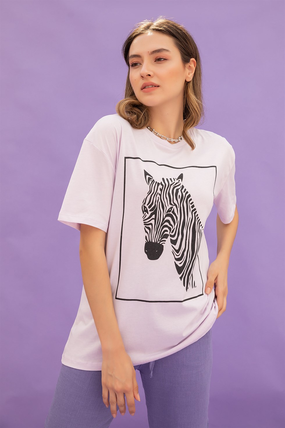 Deniz Butik Zebra Baskılı Tişört - LİLA. 2