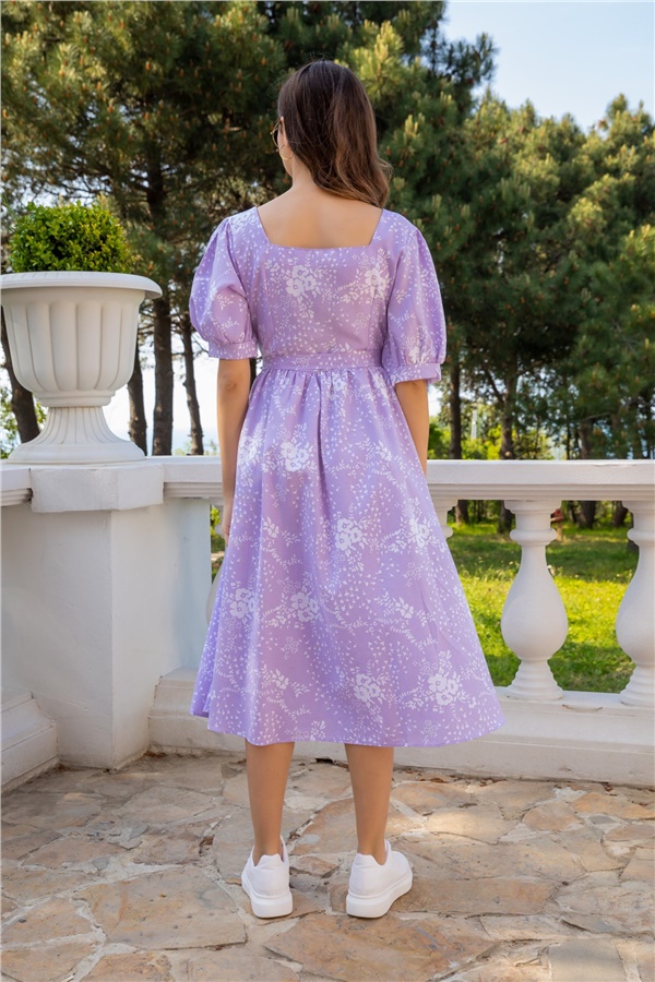 Boydan Düğmeli Kuşaklı Elbise - LİLA