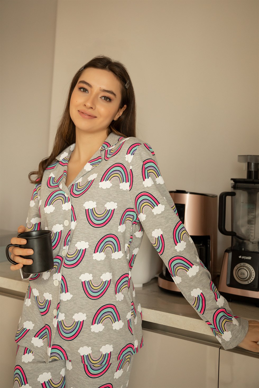 Deniz Butik Gökkuşağı Desen Pijama Takım - GRİ. 1