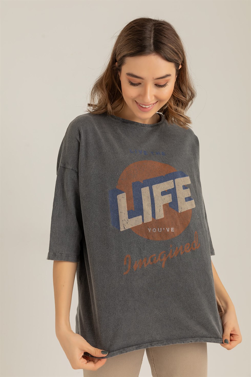 Deniz Butik Life Baskılı T-Shirt - FÜME. 1