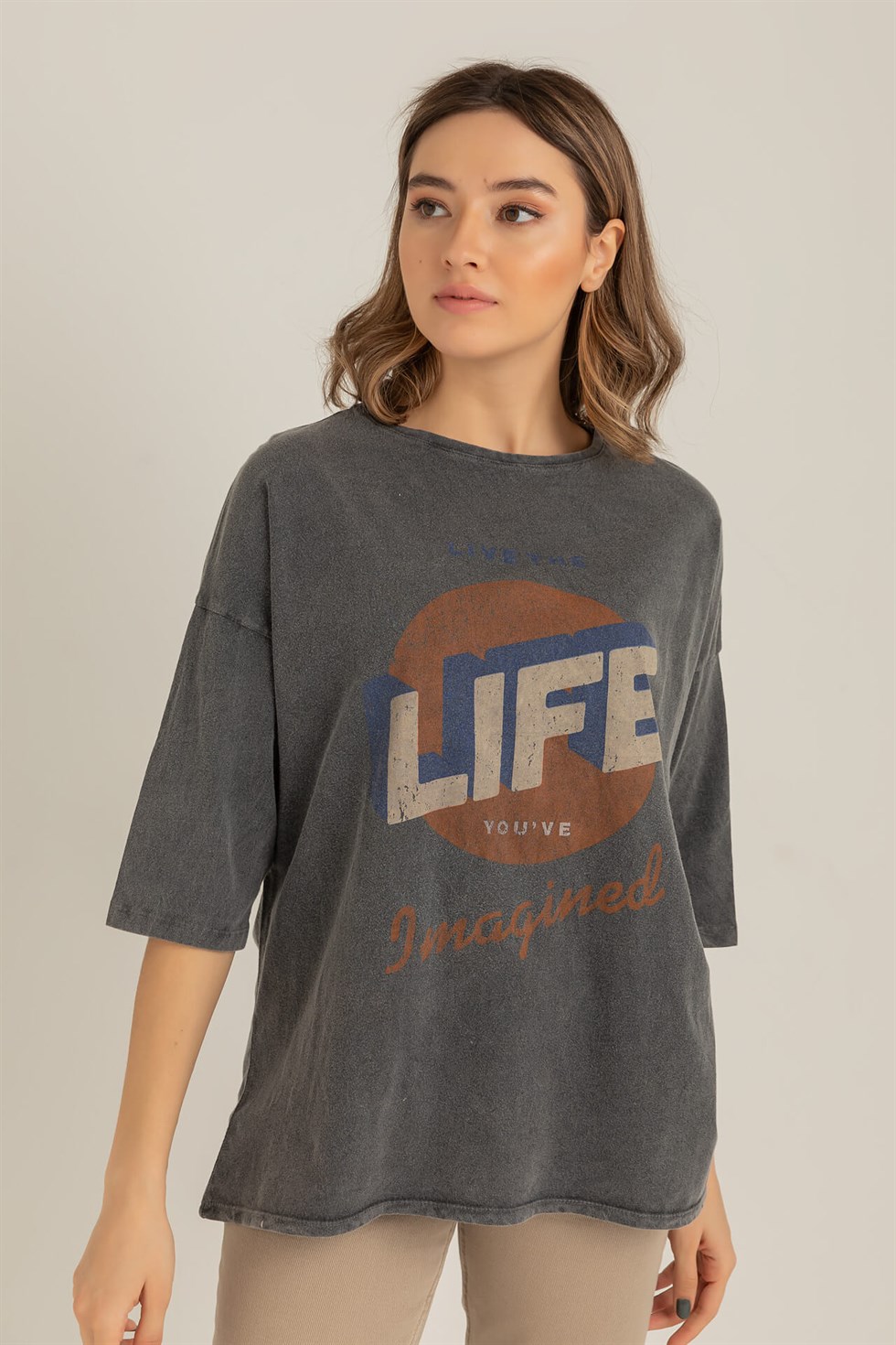 Deniz Butik Life Baskılı T-Shirt - FÜME. 3