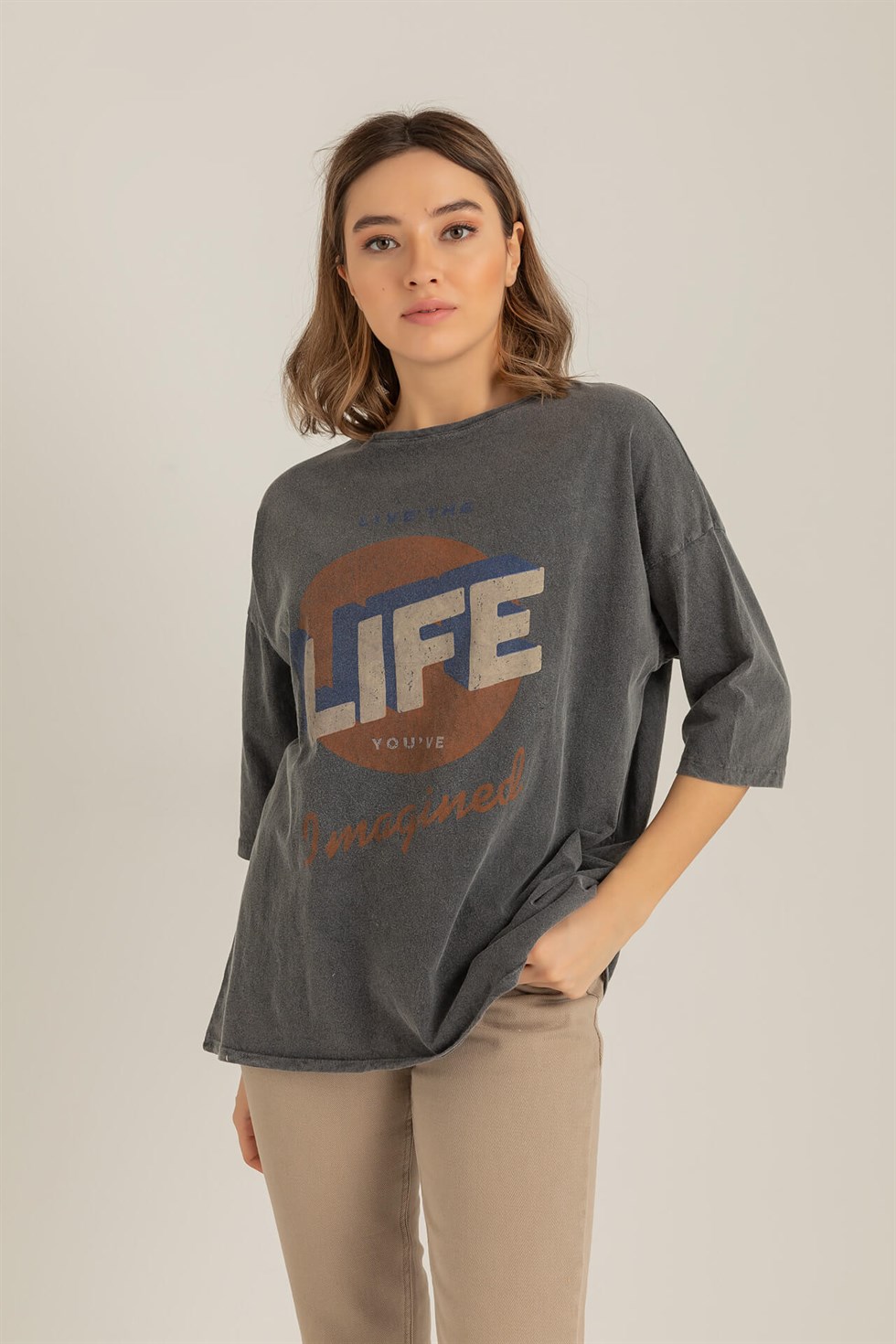 Deniz Butik Life Baskılı T-Shirt - FÜME. 2