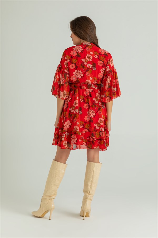 Çiçekli Mini Şifon Elbise - KIRMIZI