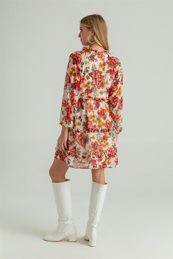 Çiçekli Şifon Mini Elbise - BEYAZ