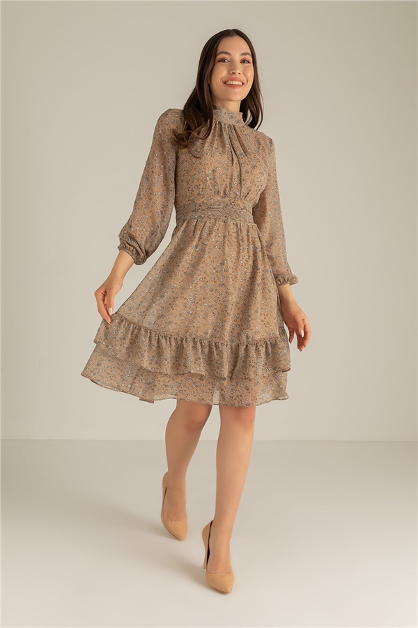 Drape Korsajlı Şifon Elbise-1370 - BEJ