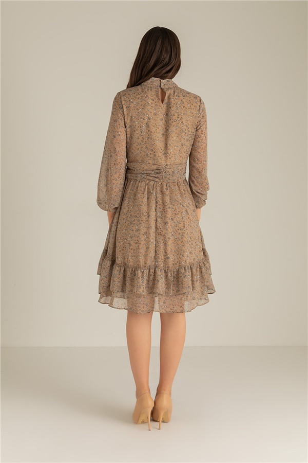 Drape Korsajlı Şifon Elbise-1370 - BEJ