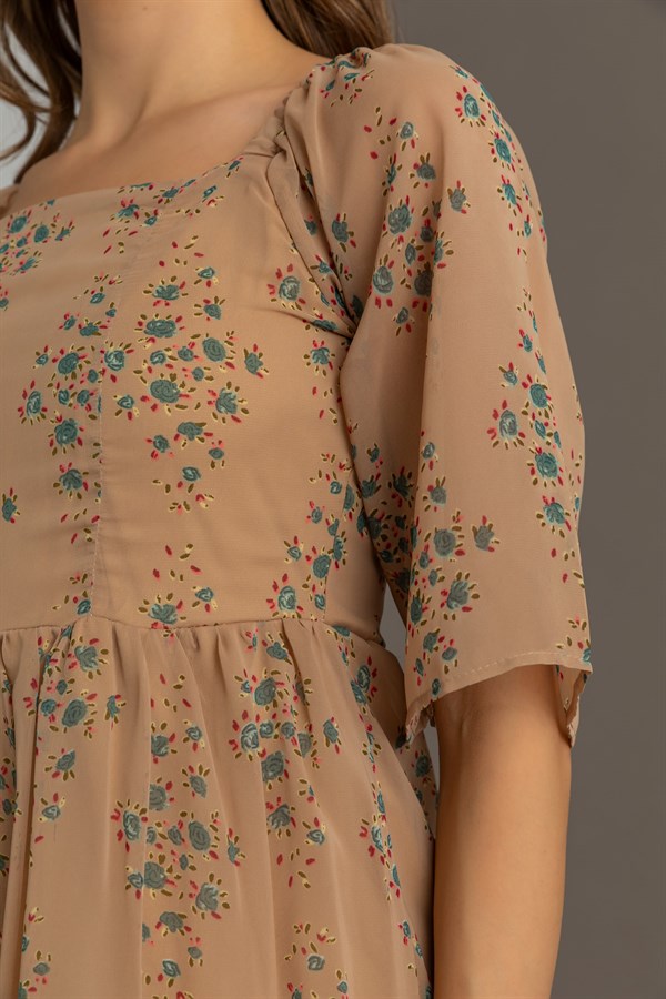 Gipeli Mini Çiçekli Elbise - VİZON