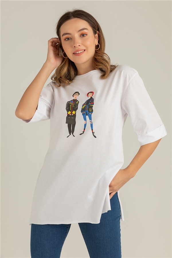 Kadın Baskılı Salaş T-Shirt - BEYAZ