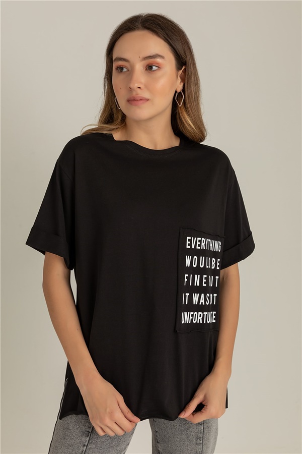 Lazer Kesim Yazılı T-Shirt - SİYAH