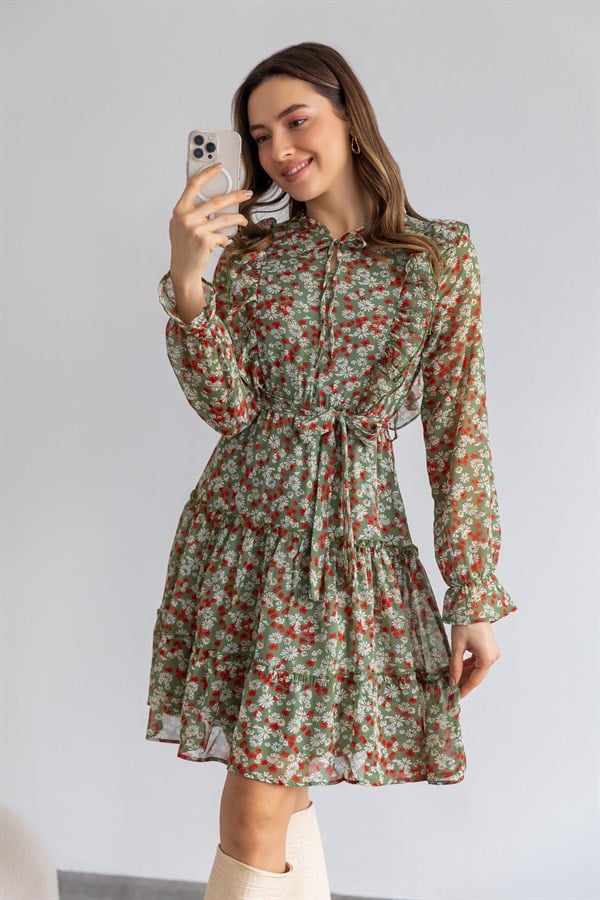 Mini Çiçekli Fırfırlı Elbise - YEŞİL