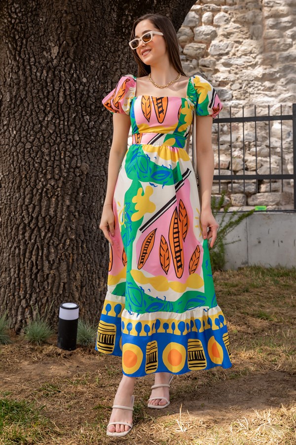 Renkli Kare Yaka Elbise - PEMBE