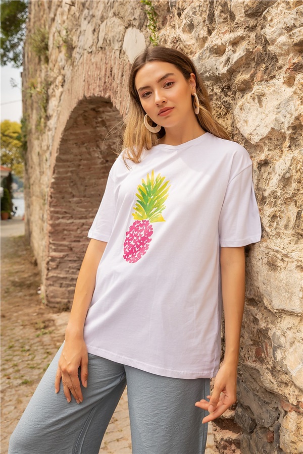 Ananas Baskılı Tişört - BEYAZ