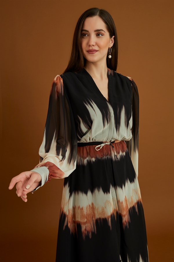 Batik Desen Şifon Elbise - SİYAH