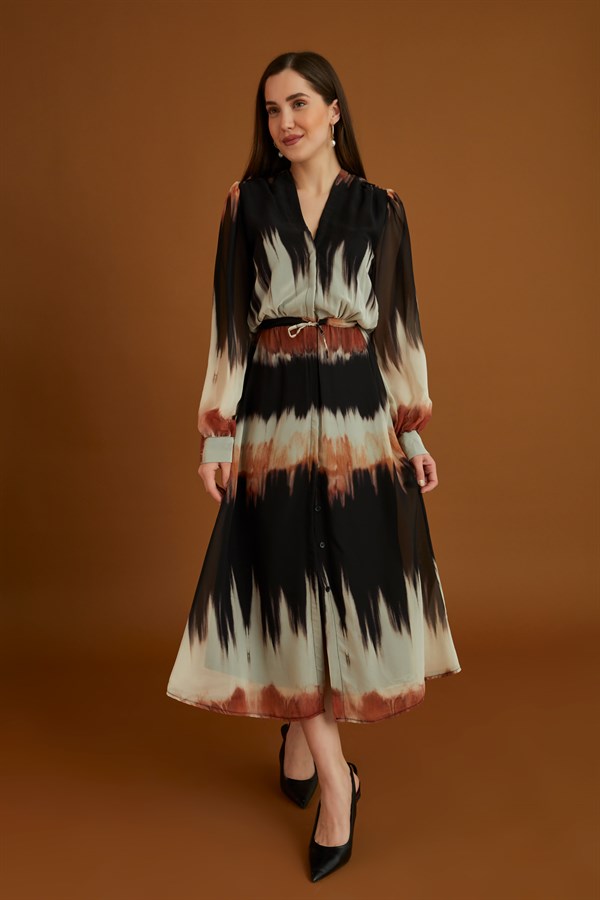 Batik Desen Şifon Elbise - SİYAH