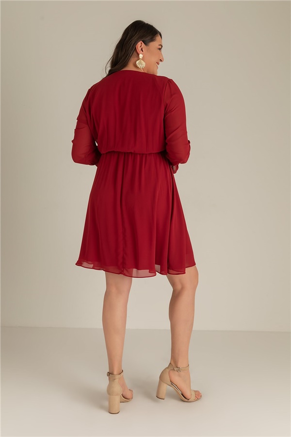 Bel Kuşak Astarlı Şifon Elbise-1471 - BORDO