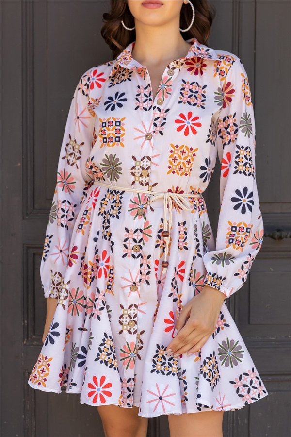 Boydan Düğmeli Desenli Elbise - KREM