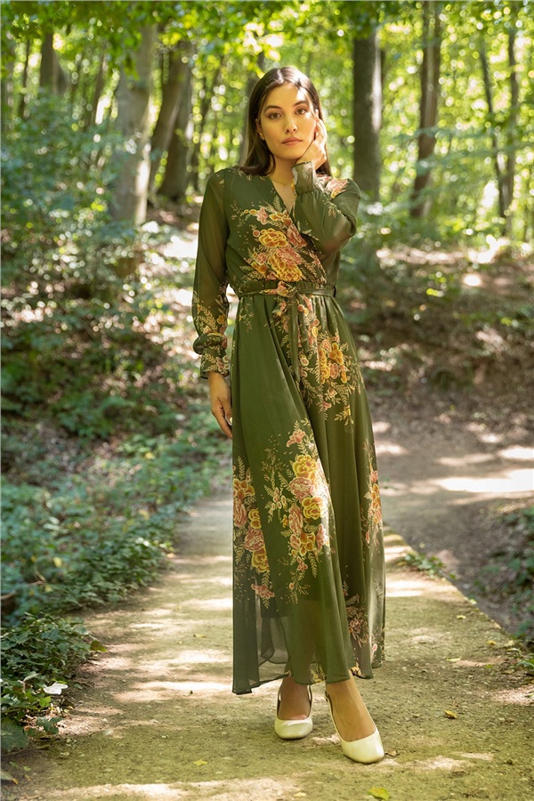 Çiçek Desen Astarlı Şifon Elbise - HAKİ