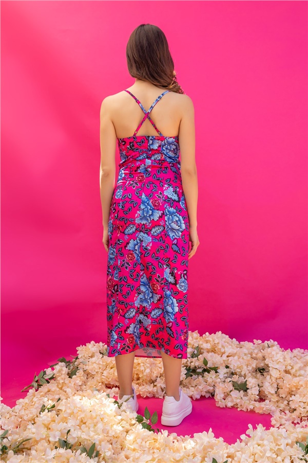 Çiçekli Saten Kamisol Elbise - FUŞYA