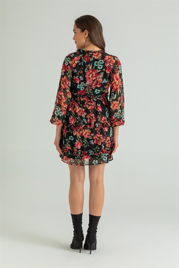 Çiçekli Şifon Mini Elbise - SİYAH