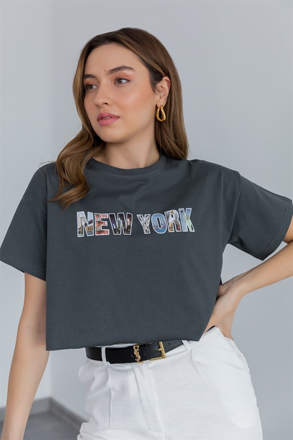 Crop Yazılı T-Shirt - FÜME