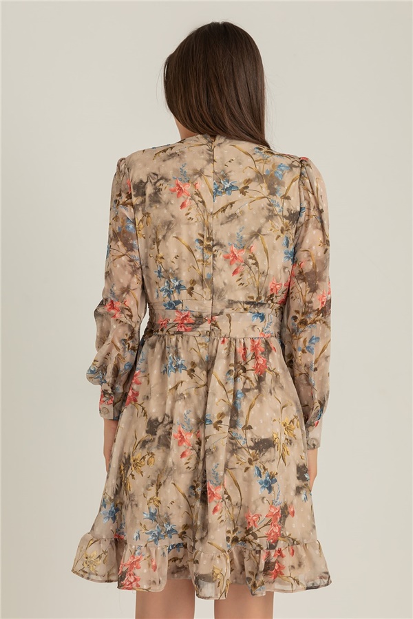 Drape Detay Çiçekli Elbise - BEJ