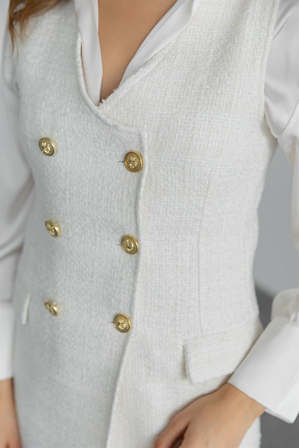 Düğme Detaylı Tüvit Elbise - BEYAZ