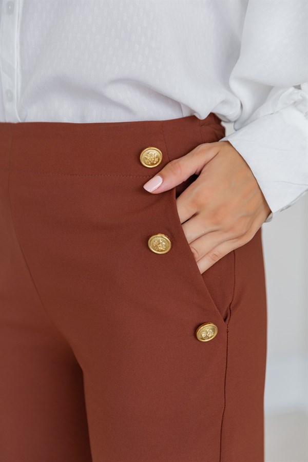 Gold Düğme Cepli Pantolon - KAHVERENGİ