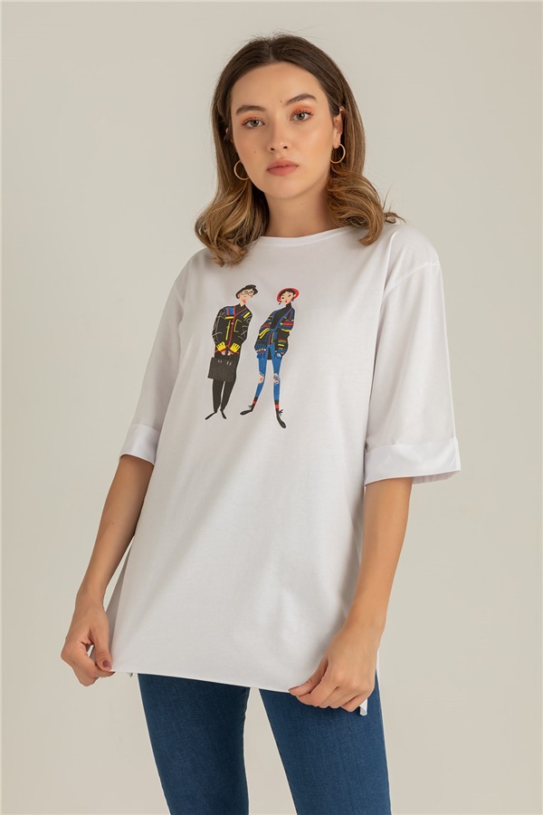 Kadın Baskılı Salaş T-Shirt - BEYAZ
