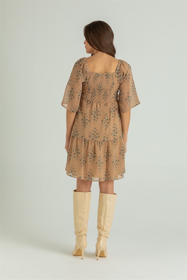 Kare Yaka Mini Şifon Elbise - CAMEL