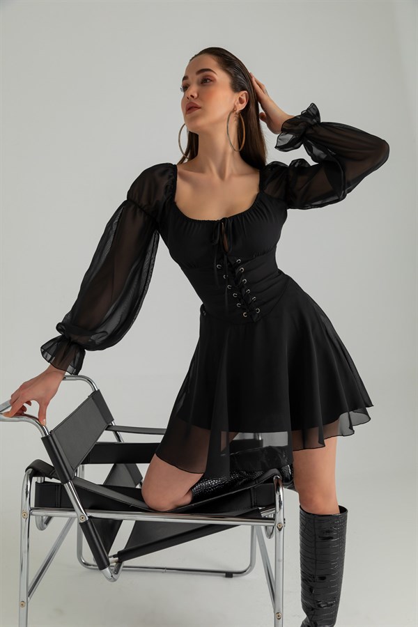 Korsajlı Şifon Mini Elbise - SİYAH
